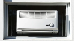 A modern window air conditioning unit installed in a residential window frame, showing the sleek indoor front panel with vents and control panel, natural daylight streaming around it, clean minimalist aesthetic