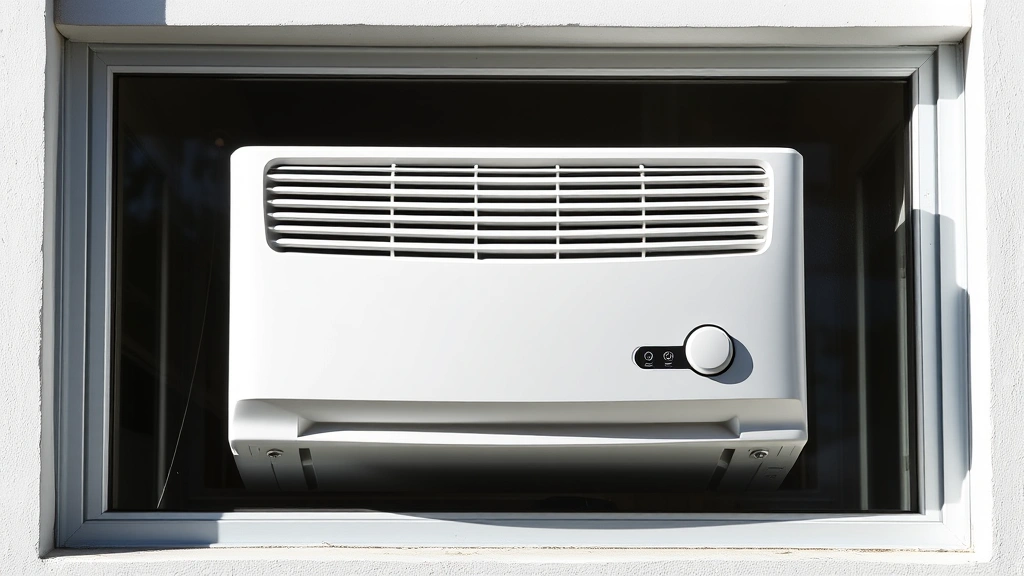 A modern window air conditioning unit installed in a residential window frame, showing the sleek indoor front panel with vents and control panel, natural daylight streaming around it, clean minimalist aesthetic