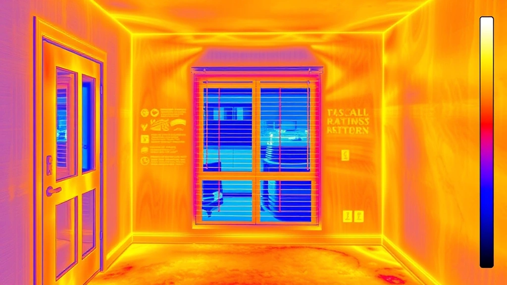 Thermal imaging visualization of a room with an AC window unit running, showing cool air distribution patterns and temperature gradients in blue and red tones