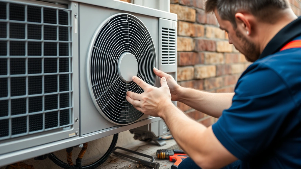 Close-up of an HVAC technician inspecting the outdoor condenser coil of a window AC unit, checking connections and airflow, professional maintenance setting with tools nearby