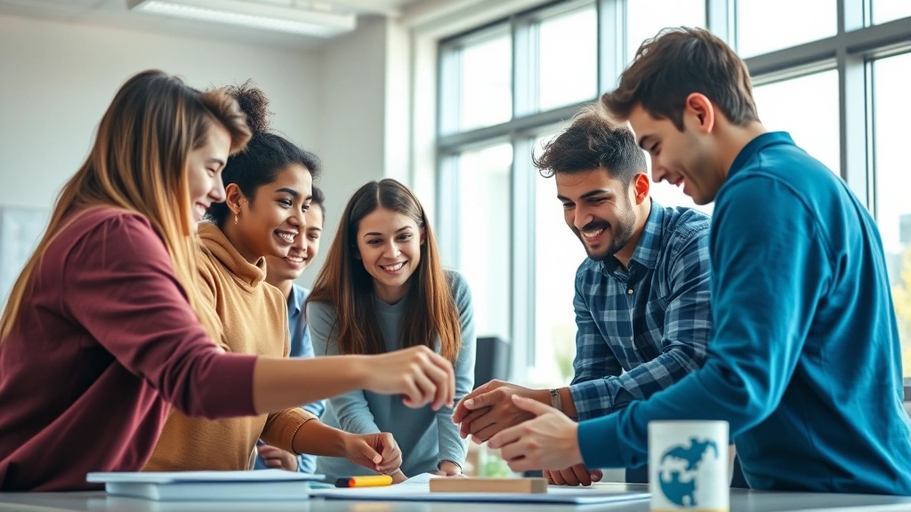 A diverse group of students collaborating on a project in a bright, modern classroom with natural light streaming through large windows, focused and engaged expressions