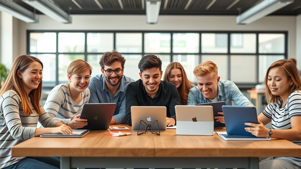Diverse group of students collaborating at table with notebooks and tablets, engaged expressions, modern school environment, photorealistic