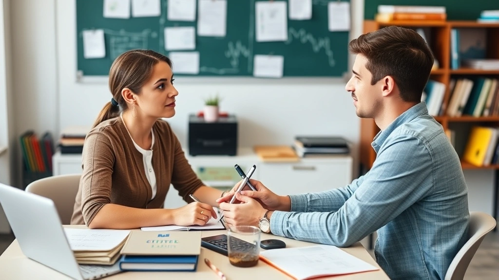 A teacher and student having a one-on-one discussion at a desk surrounded by learning materials, showing mentorship and personalized educational support