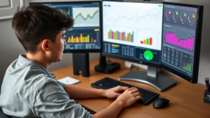 A student sitting at a desk with multiple charts and graphs displayed on a computer screen showing colorful data visualizations and performance metrics, focused and engaged