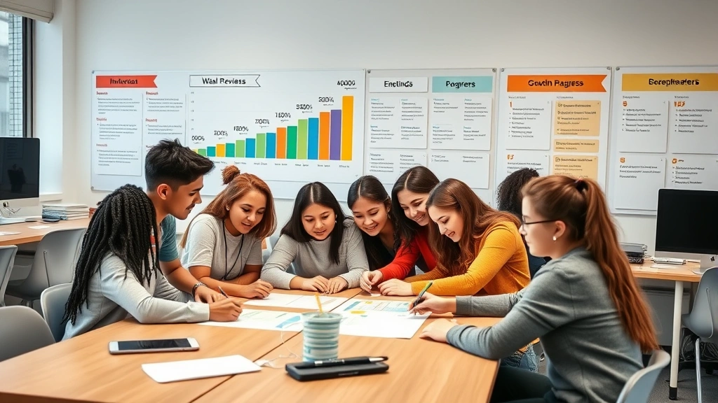 A diverse group of students in a modern classroom collaborating on a project, with visual progress boards on the wall showing achievement milestones and growth markers