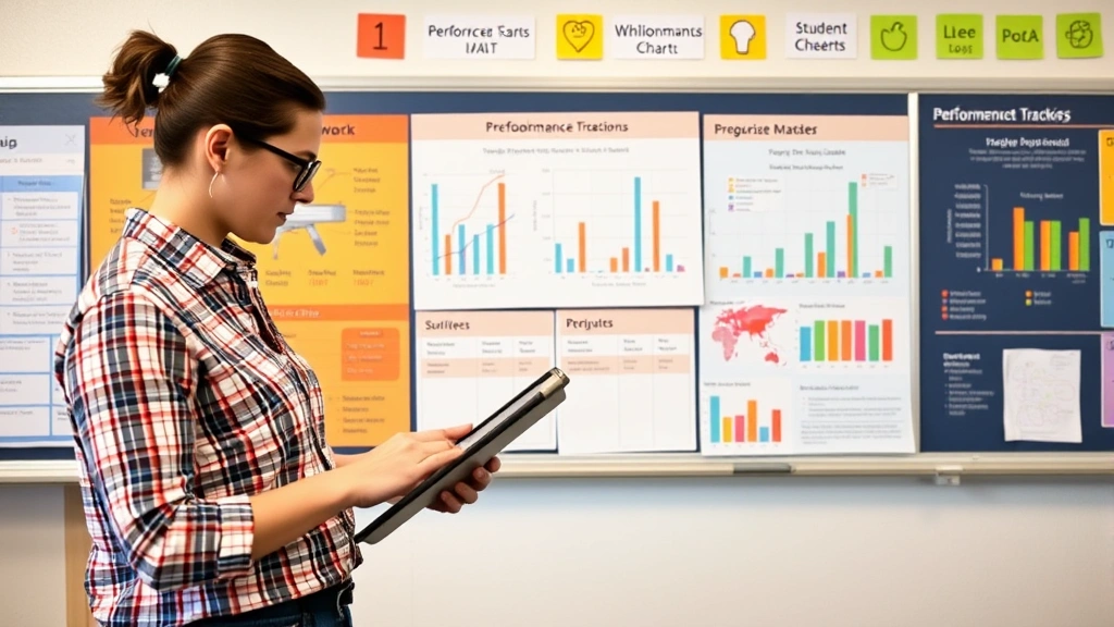 A teacher analyzing data on a tablet while standing in front of a classroom wall covered with performance tracking charts and student progress indicators in an educational setting