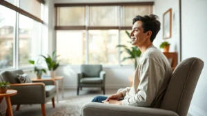 Serene person sitting in a bright, modern therapy office with comfortable furniture, large windows showing natural light, calm and focused expression, peaceful indoor environment