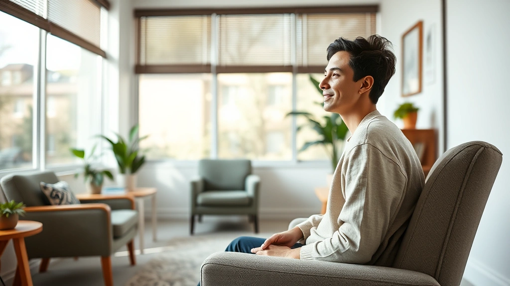 Serene person sitting in a bright, modern therapy office with comfortable furniture, large windows showing natural light, calm and focused expression, peaceful indoor environment