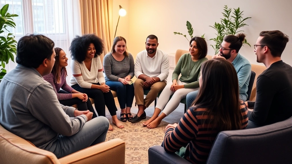 Group of diverse individuals in a circle during a supportive group therapy session, engaged and listening, warm lighting, therapeutic setting with comfortable seating