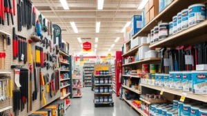 Well-organized hardware store interior with bright lighting, clean aisles displaying tools, paint cans, and building materials neatly arranged on shelves and displays