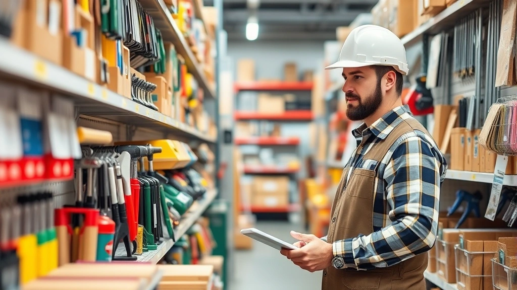 Professional contractor selecting quality tools and materials from organized hardware store shelves, focused and confident expression while examining products