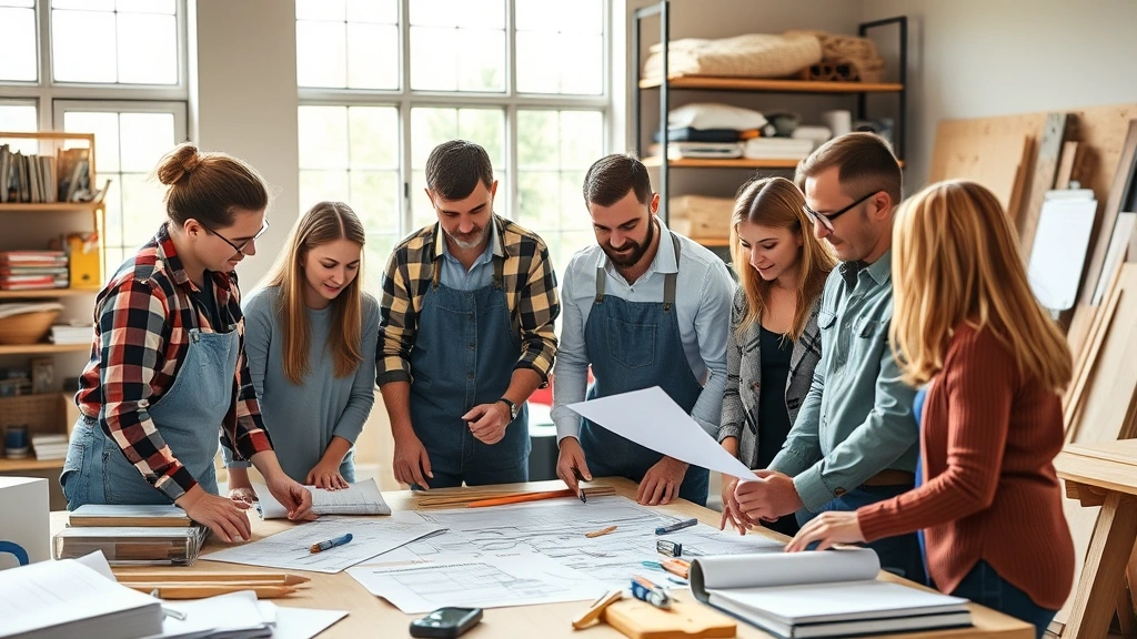 Diverse group of people collaborating on home improvement planning, surrounded by hardware supplies, blueprints, and materials, natural daylight streaming through large windows