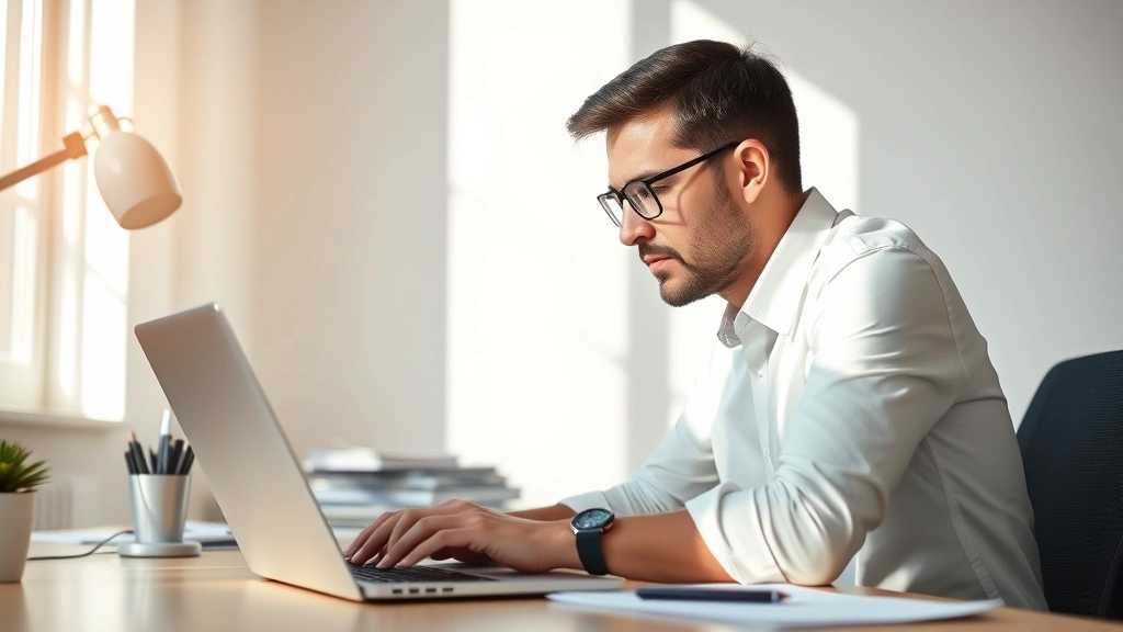 Professional person deeply focused at desk with laptop, natural lighting, minimalist workspace, concentrated expression, productive atmosphere