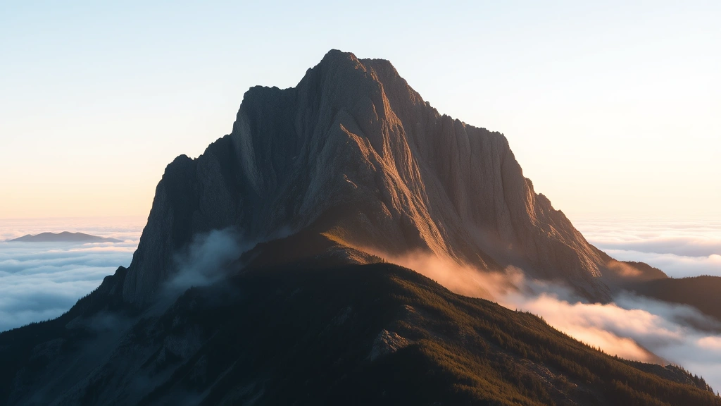 Mountain peak at sunrise with layers of mist below, symbolizing achievement and elevated perspective, clear sky, serene and inspiring landscape
