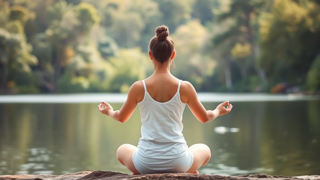 Person meditating in peaceful natural setting, calm water or forest background, balanced posture, tranquil environment suggesting mental clarity and resilience
