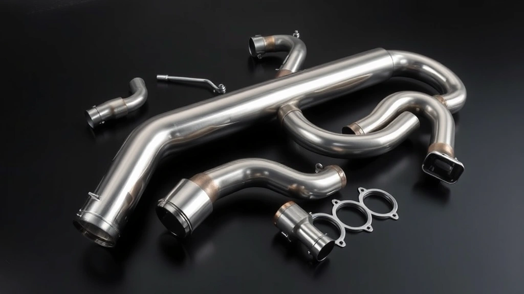 Sleek stainless steel exhaust pipe system components laid out on dark surface, showing mandrel bends and precision engineering, professional automotive photography
