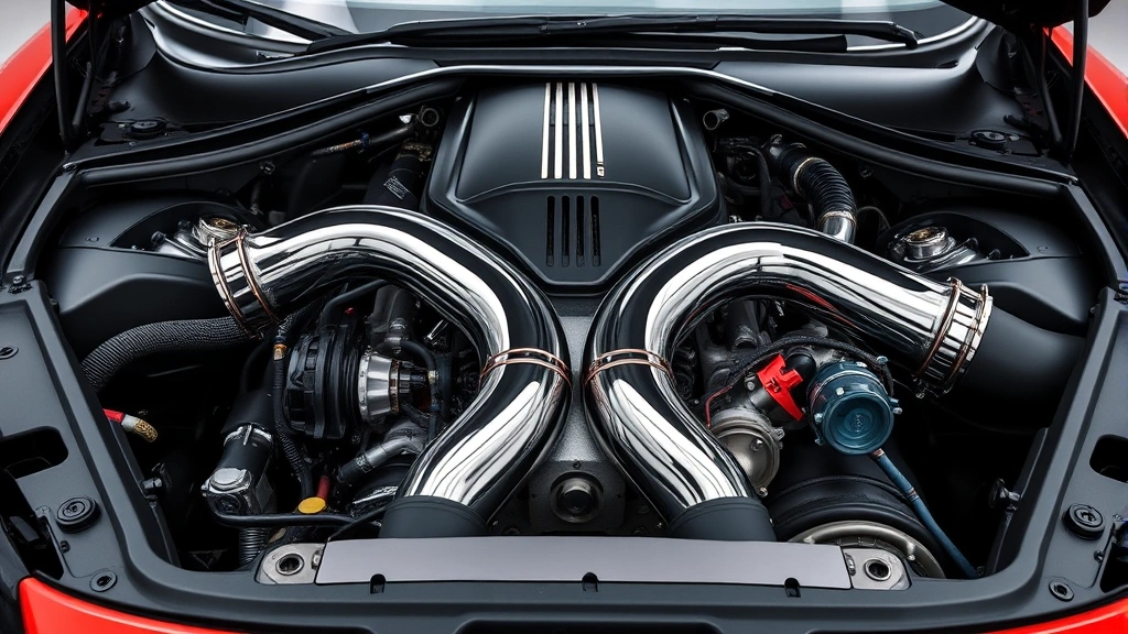 High-performance sports car engine bay with gleaming exhaust manifold and piping, showing thermal heat distribution, dynamic angle photography