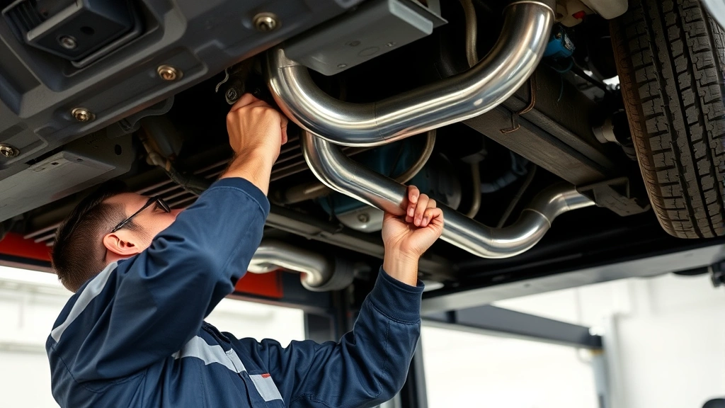 Mechanic installing exhaust system under vehicle on lift, focused hands-on work, showing professional installation process and precision fitting