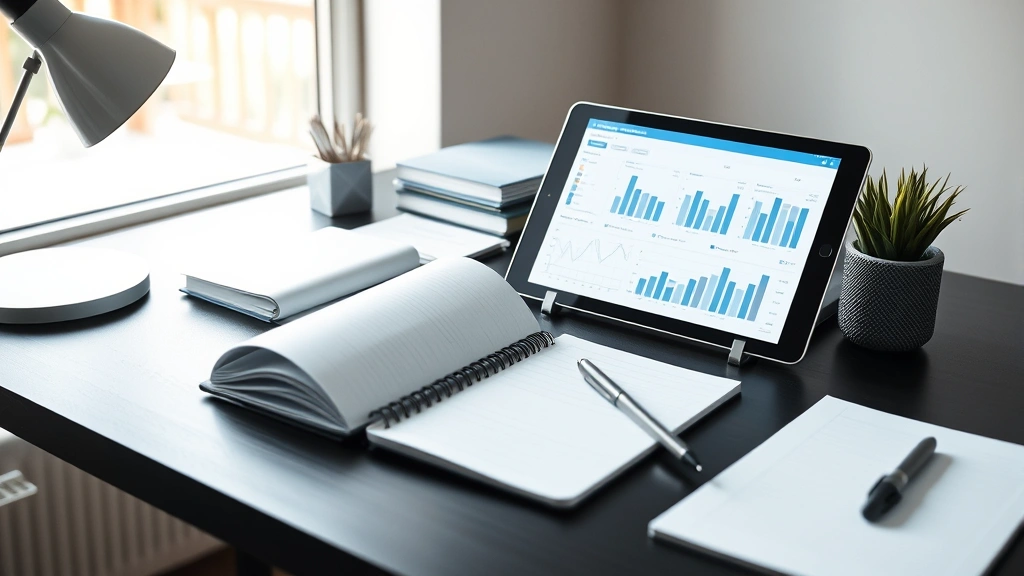 Professional workspace with organized desk, open notebook, pen, and digital device showing progress charts and metrics, natural lighting through window, minimalist aesthetic