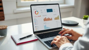 Professional workspace with organized digital dashboard on laptop screen, notebook, and pen, morning light through window, clean minimalist desk setup, person's hands visible working on keyboard
