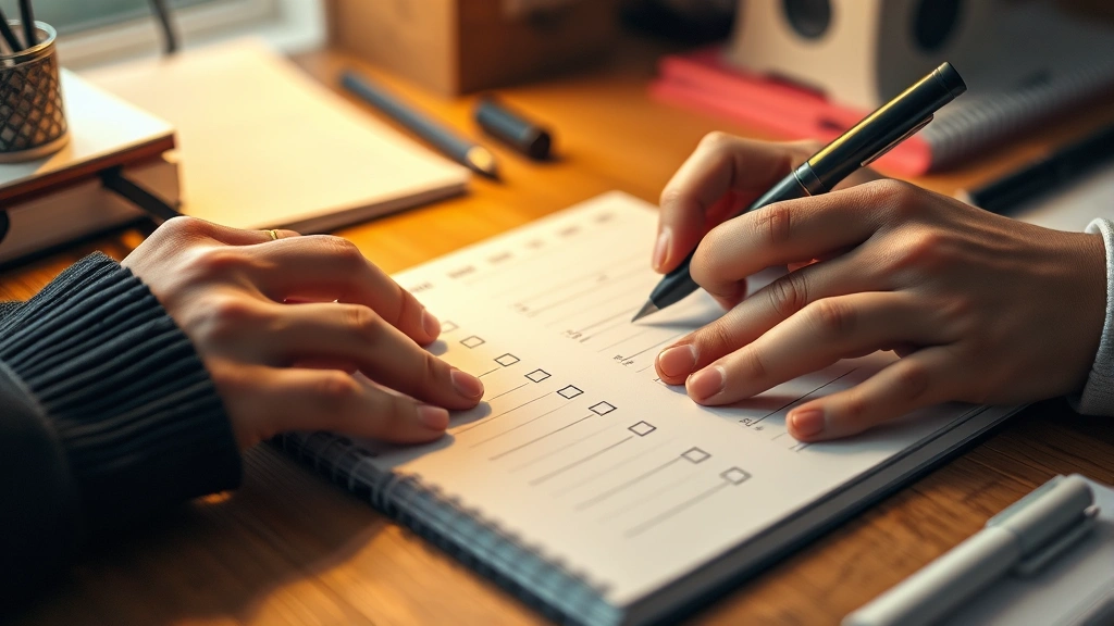 Close-up of hands writing in structured planner or journal with visible sections and checkmarks, wooden desk surface, warm office lighting, organized materials