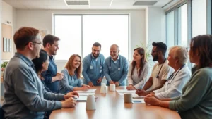 A diverse healthcare team of professionals in casual clothing having a collaborative discussion around a table in a modern community clinic, natural daylight streaming through windows, warm and supportive atmosphere