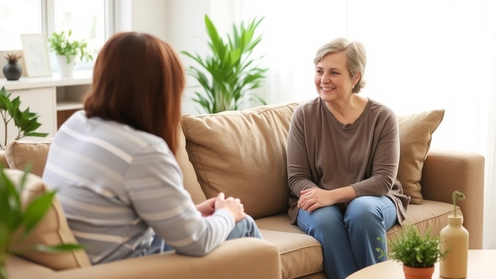 A person sitting on a couch at home with a caring professional across from them, both engaged in conversation, comfortable living room setting with plants and natural light, representing in-home mental health support