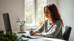 Person sitting at desk writing in journal with morning sunlight streaming through window, peaceful focused expression, clean minimalist workspace with plants
