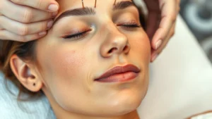 Close-up of a serene person's face during acupuncture treatment, relaxed expression, warm lighting, professional medical setting, photorealistic