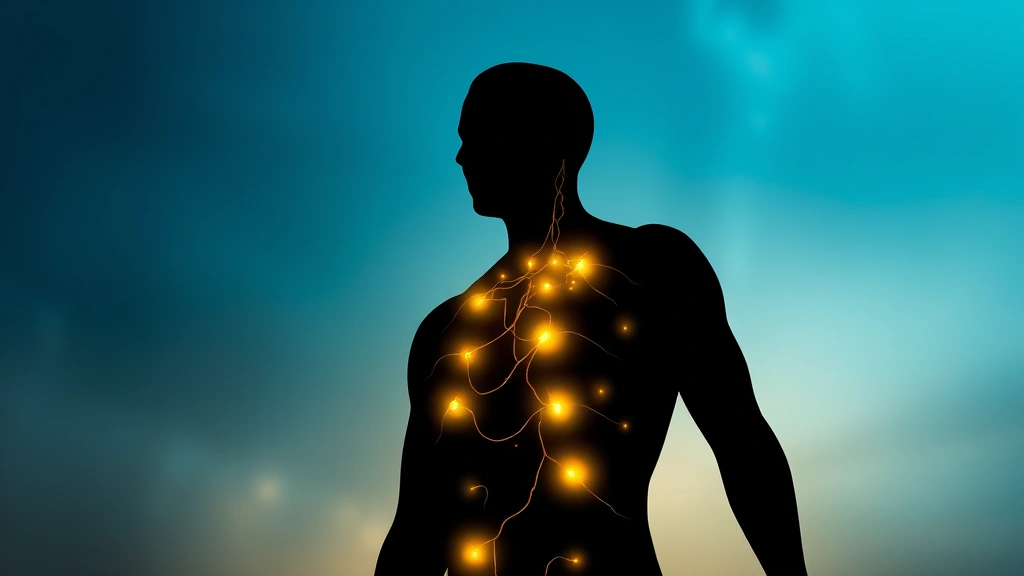Silhouette of a human figure with glowing meridian pathways highlighted, representing energy flow, abstract yet realistic, peaceful blue and gold tones