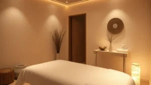 Serene spa treatment room with soft lighting, comfortable massage table with white linens, minimal decor, peaceful atmosphere, warm tones, nobody visible