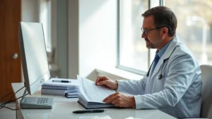 Calm medical professional in white coat reviewing psychiatric assessment documents at modern hospital desk, focused expression, natural lighting from window
