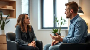 A calm mental health professional having a thoughtful conversation with a person in a modern, well-lit clinical setting, showing compassionate engagement and active listening