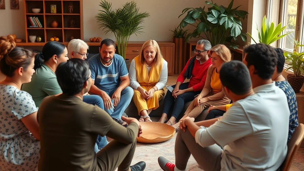 A diverse support group circle of people sitting together in a peaceful community space, showing connection and mutual understanding, warm natural lighting
