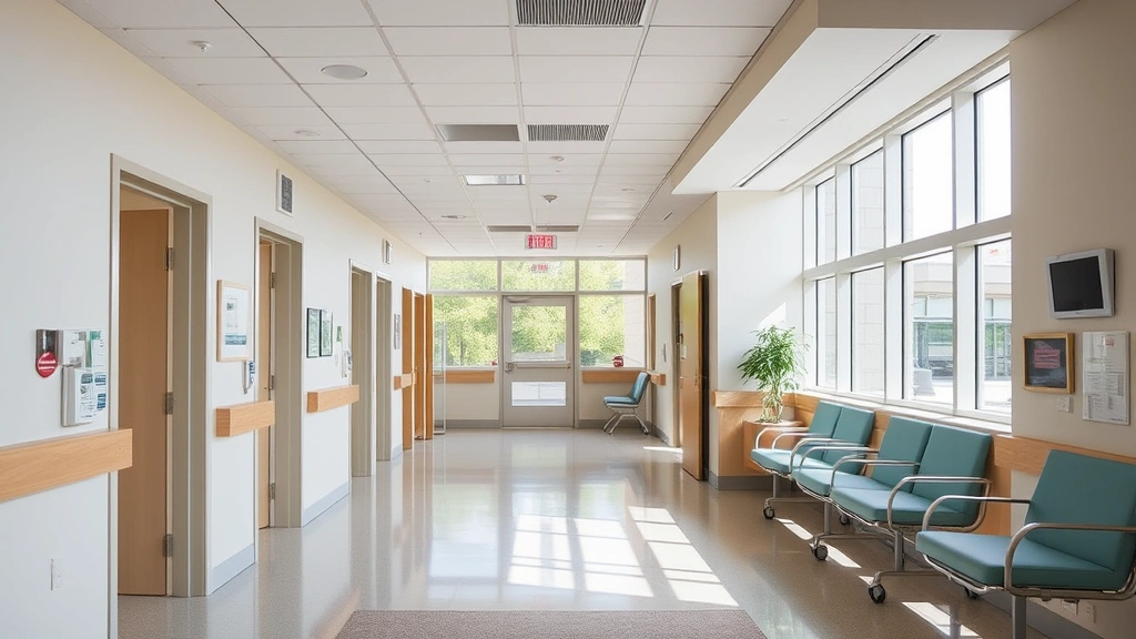 Hospital psychiatric unit interior with calming design elements, safety features, therapeutic common area with natural light