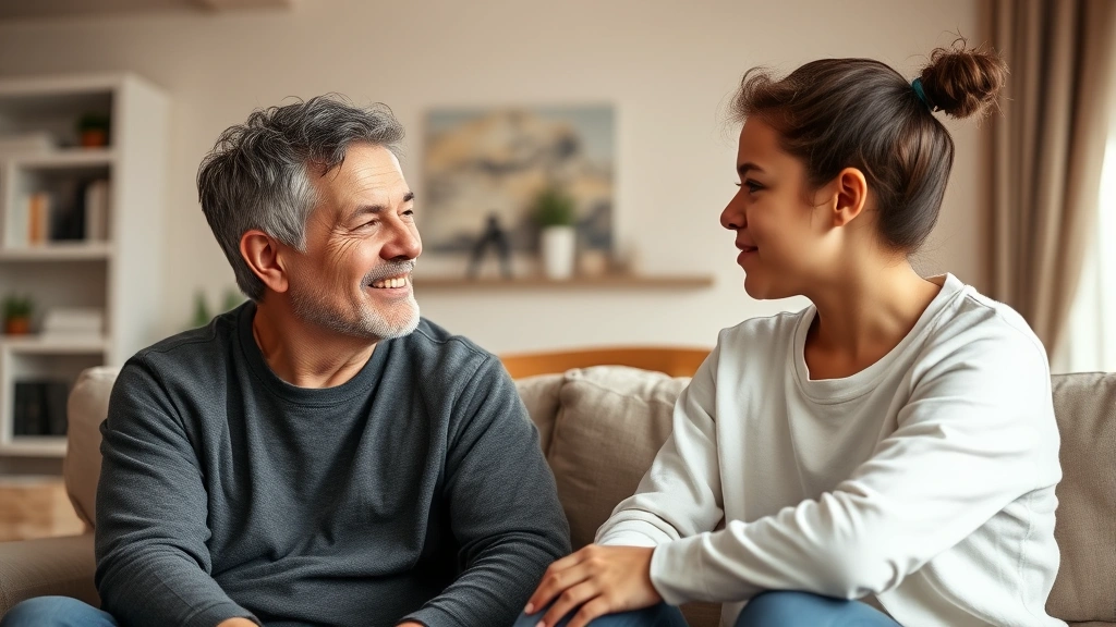 A parent and teenager having a meaningful conversation in a home living room, both appearing calm and connected, soft natural lighting, genuine emotional connection visible