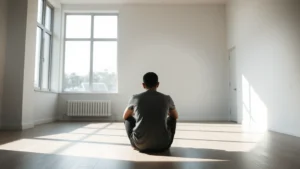 A solitary figure sitting in a modern minimalist room, face turned away, natural light streaming through large windows creating shadows, conveying introspection and emotional depth without sadness