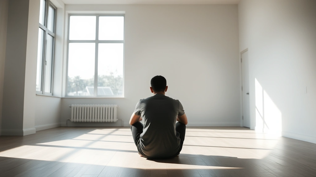 A solitary figure sitting in a modern minimalist room, face turned away, natural light streaming through large windows creating shadows, conveying introspection and emotional depth without sadness