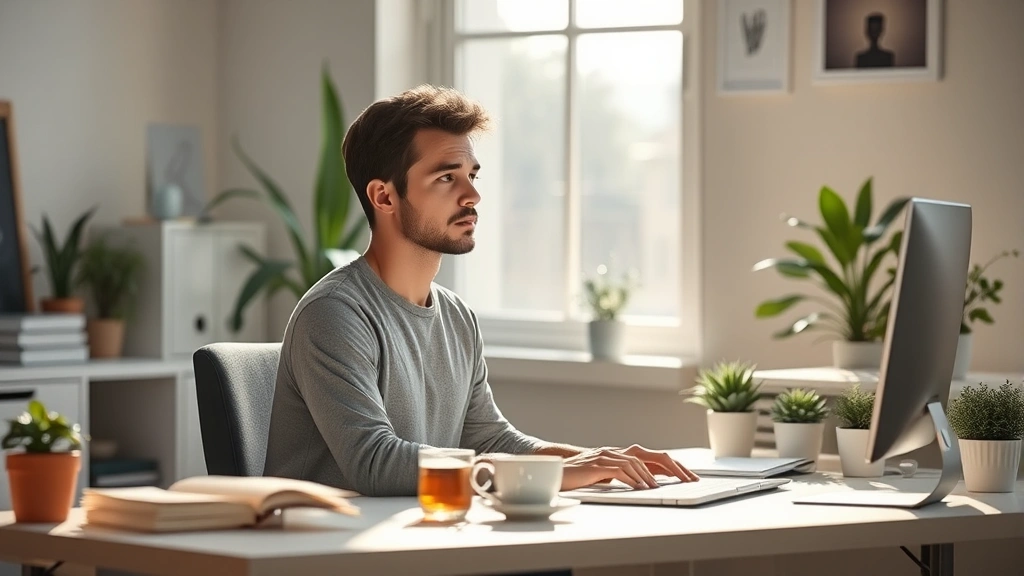 Person sitting at desk in bright morning light, focused expression, surrounded by organized workspace with plants, cup of tea, and minimalist environment. Photorealistic, natural lighting.