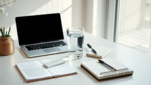 Minimalist desk workspace with a laptop, water glass, and notebook in soft morning light, representing focus and productivity