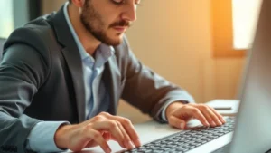 Close-up of a person in professional attire sitting at a desk with a focused, concentrated expression, hands on keyboard, warm lighting suggesting mental clarity and determination