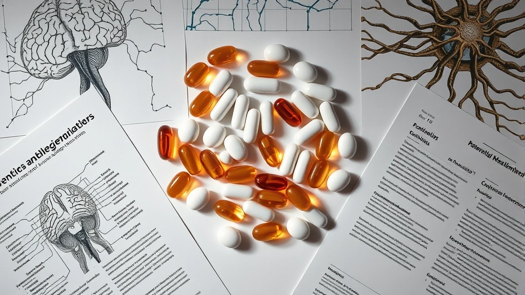 Overhead view of supplement capsules arranged in a pattern, surrounded by brain imagery, neural connections, and scientific research papers in soft, professional lighting