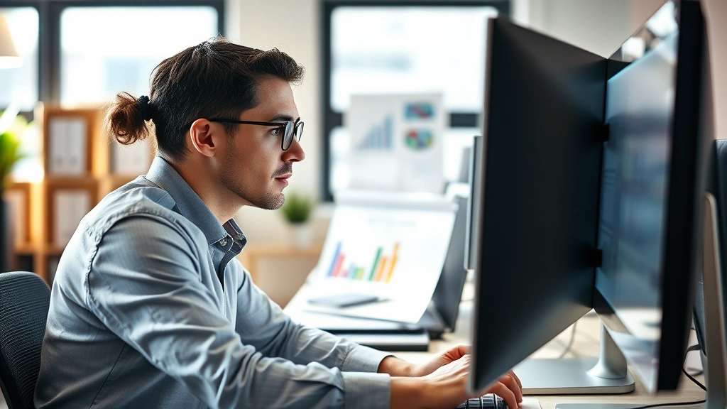 Professional educator analyzing student data on computer with charts and graphs visible, focused expression, modern school office setting, natural lighting