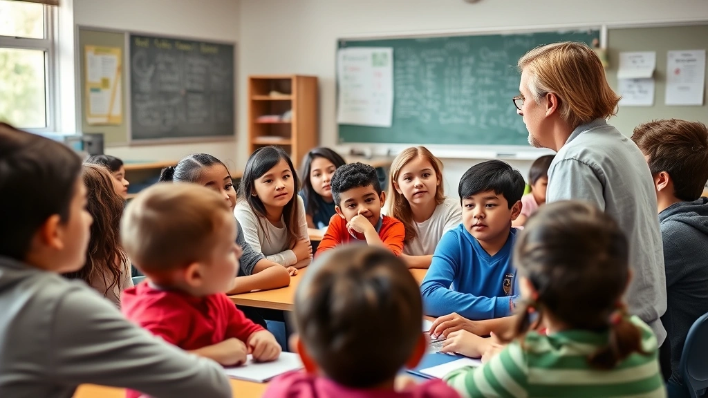 Classroom scene with teacher facilitating discussion among attentive students, diverse age group, interactive learning environment with visible engagement and progress