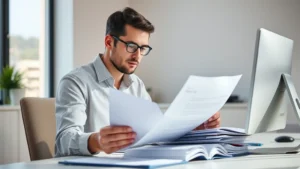 Professional person reviewing documents at a desk with multiple folders and a computer, focused expression, natural office lighting, minimalist workspace