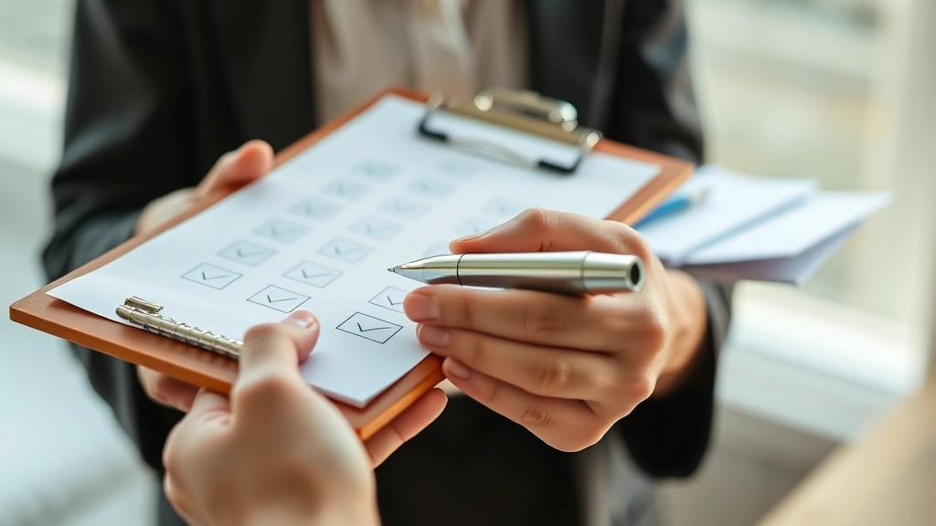 Hands holding a clipboard with checkmarks and organized papers, soft natural light, close-up perspective showing productivity and organization