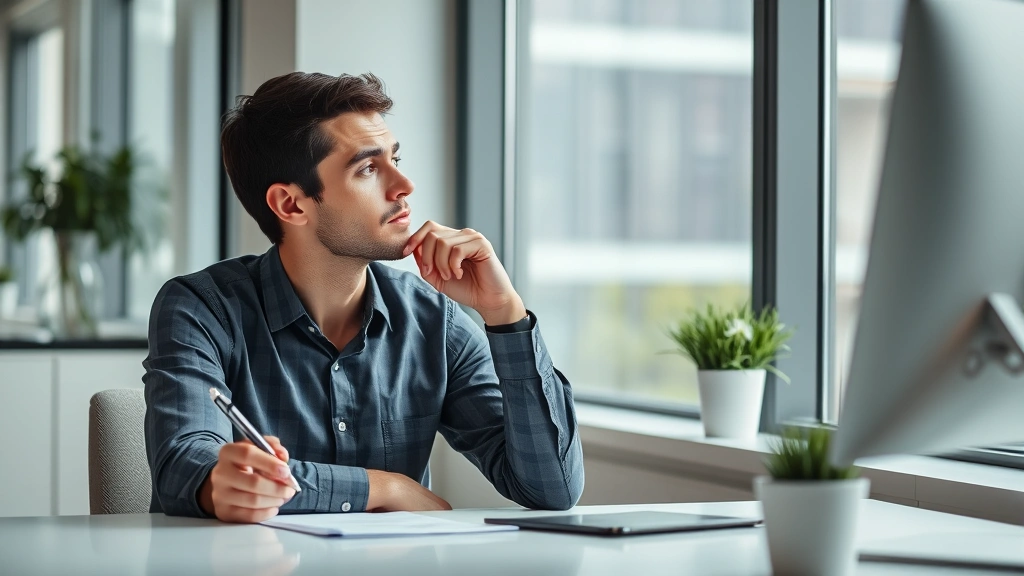 Person sitting thoughtfully at a desk near a window, looking out while holding a pen, calm and patient demeanor, modern office environment