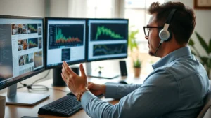 A professional at a desk with multiple monitors showing different projects, hands gesturing mid-transition between screens, morning light through window, calm and organized workspace