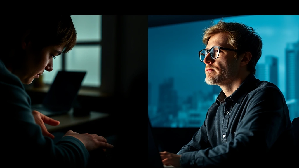 Split-screen visual metaphor: left side shows person deep in focused work with narrowed attention, right side shows same person with broader perspective looking at bigger picture