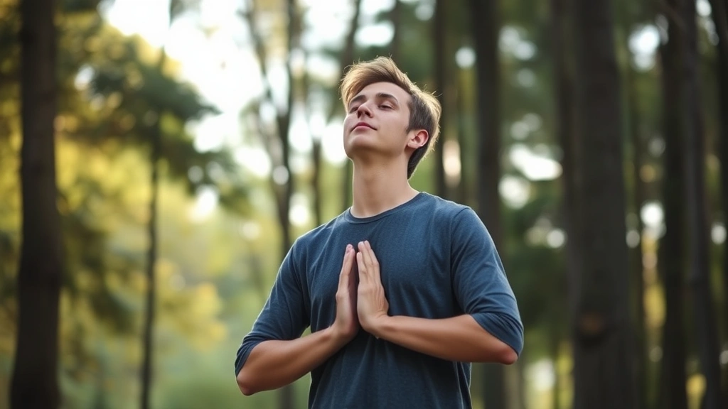 Person taking a mindful break in nature, standing among trees with soft light, relaxed posture, representing mental recovery and attention reset between focus sessions
